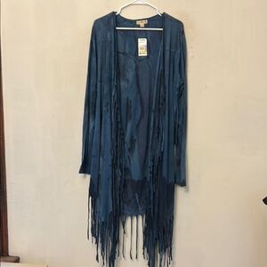Live and Let Live Teal blue fringe open cardigan Size XL New